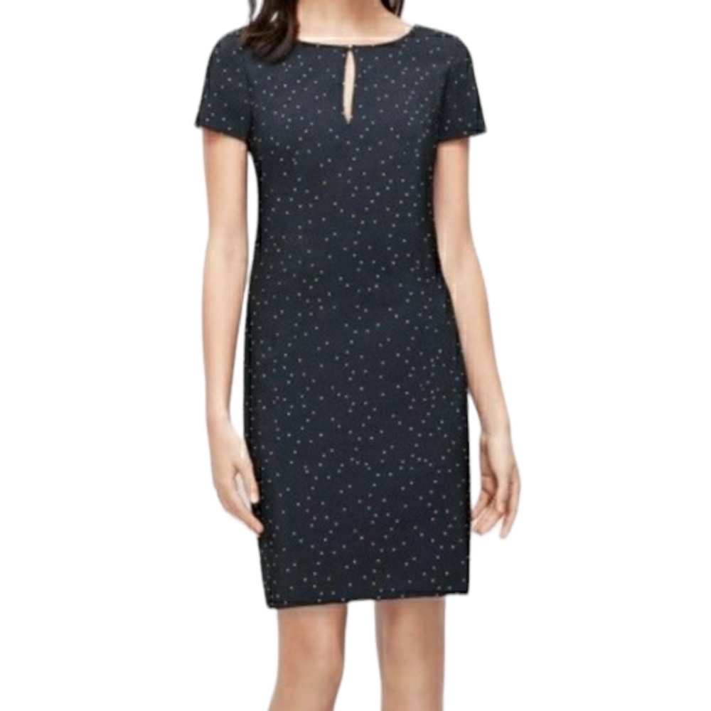 Ann Taylor Womens Dress Navy Blue Polka Dot Jacquard Sheath‎ Cap Sleeve Scoop 2